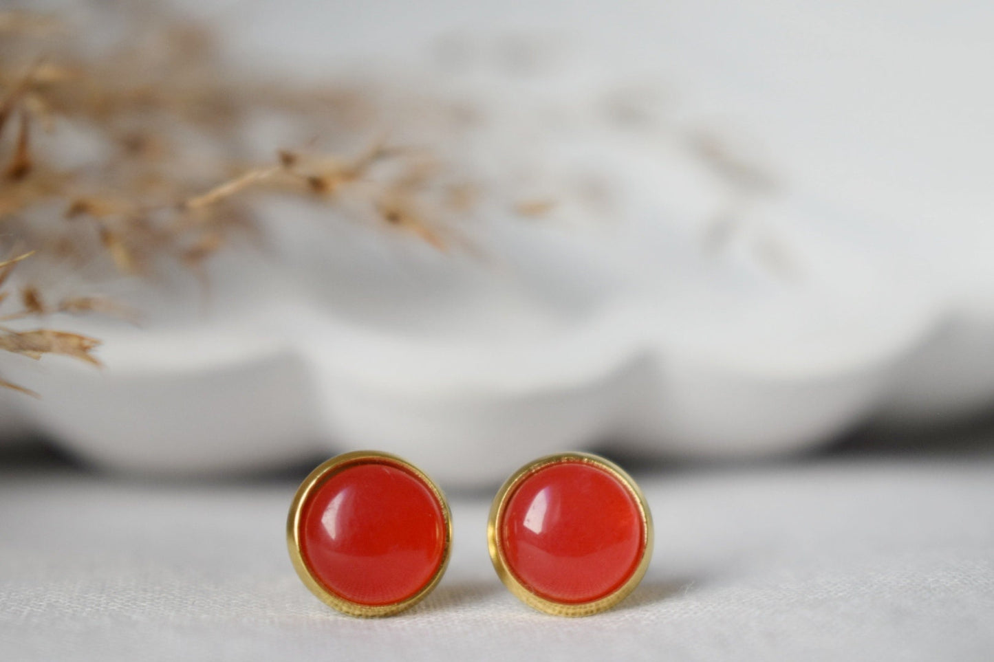 Red Jade Stud Earrings, 18k Gold Plated Gemstone Jewelry