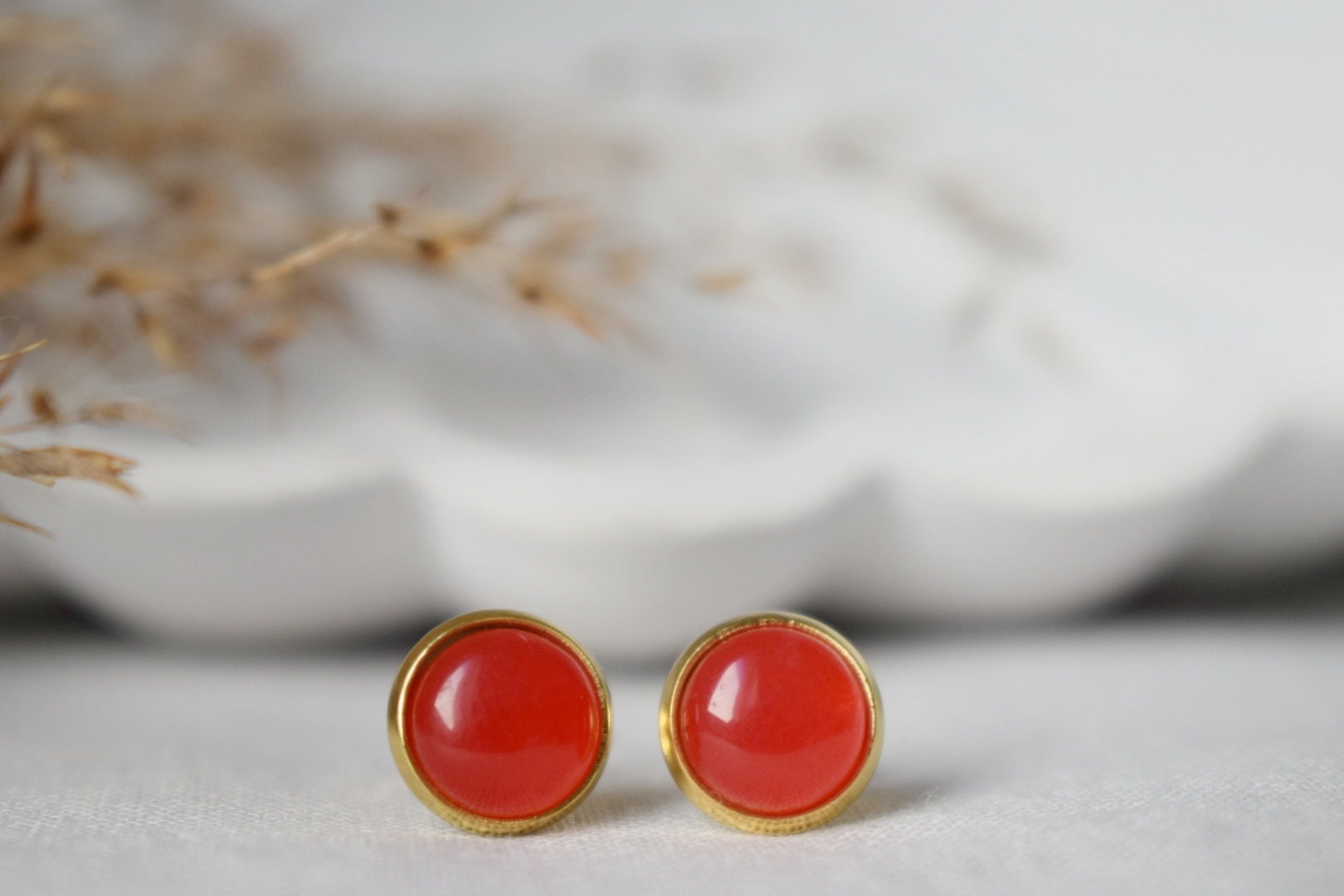 Red Jade Stud Earrings, 18k Gold Plated Gemstone Jewelry