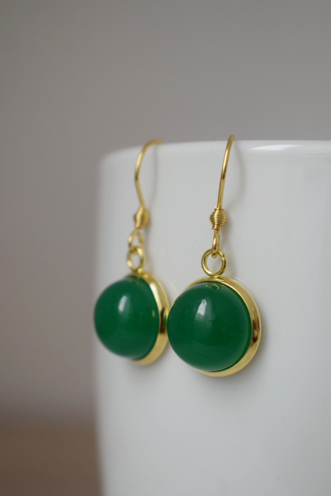 Jade Green Earrings, Gemstone round pendant earrings, 12mm stone dangle earrings, 18k Gold plated stainless steel jewelry, Best Gift for her