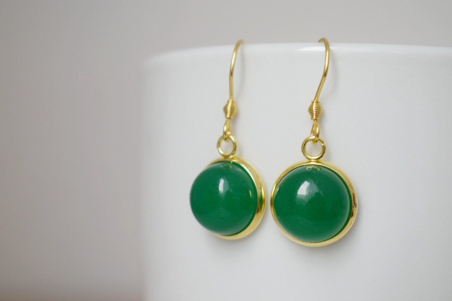 Jade Green Earrings, Gemstone round pendant earrings, 12mm stone dangle earrings, 18k Gold plated stainless steel jewelry, Best Gift for her