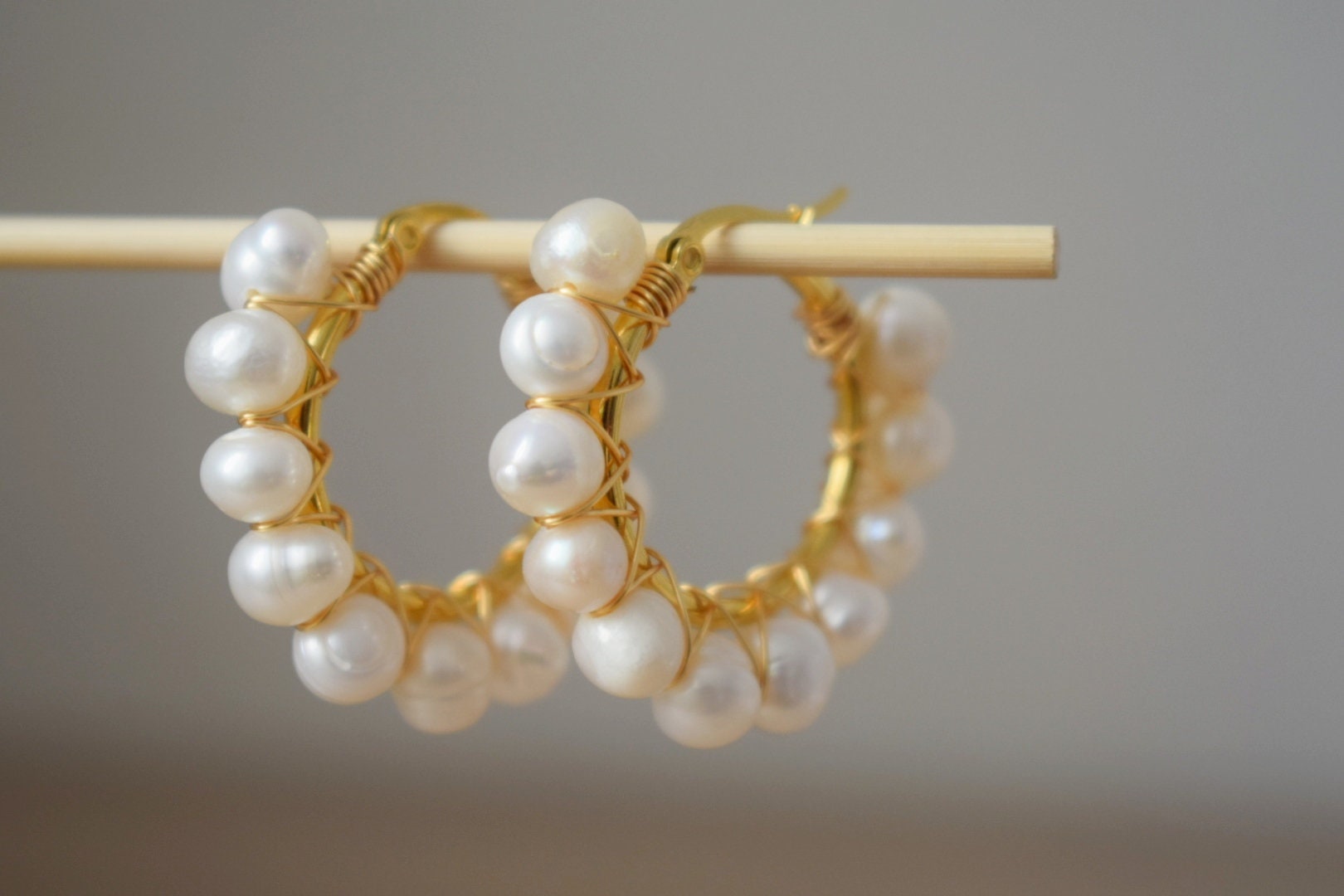 Gold Pearl Hoop Earrings: Dangle Bridesmaid Huggie Jewelry
