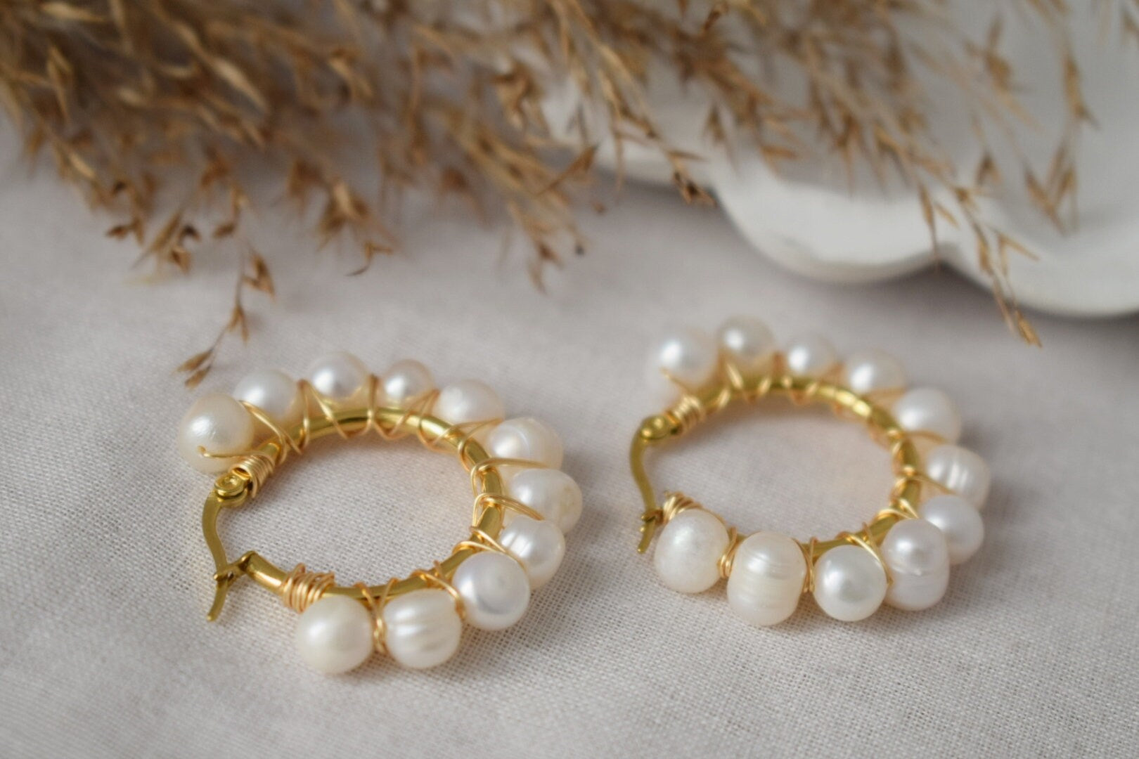 Gold Pearl Hoop Earrings: Dangle Bridesmaid Huggie Jewelry