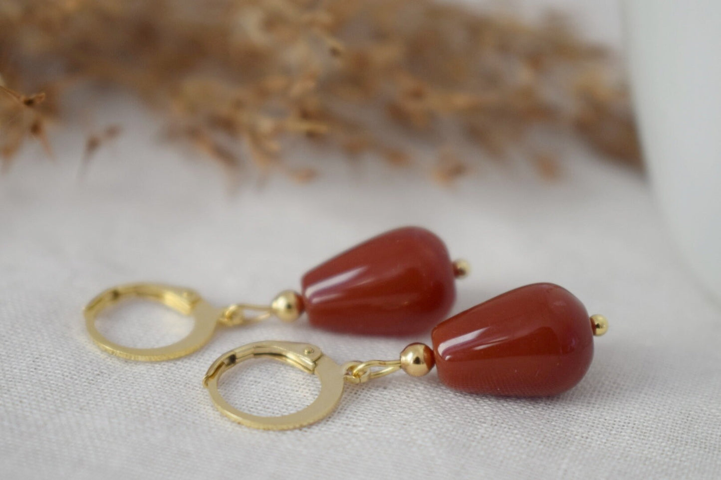 Carnelian Teardrop Hoop Earrings: Gemstone Jewelry