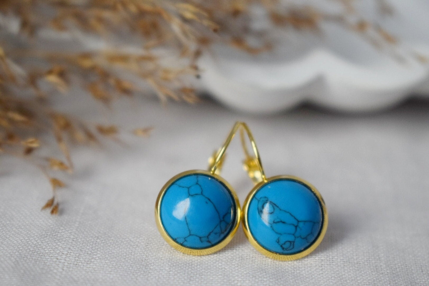 Türkisfarbene Ohrringe, Runde blaue Edelsteinohrringe, Dunkelblau, 18 Karat vergoldeter Edelstahl, Schmuckgeschenk für Frauen, Muttertag