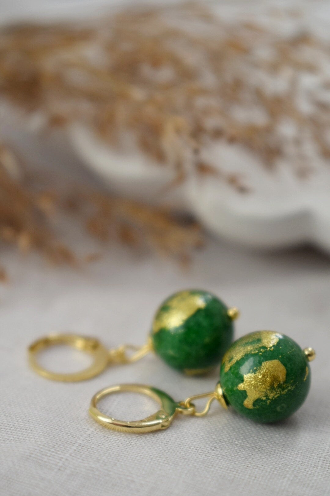 Green Jade Earrings, Gold Foil Gemstone Huggies, Jewelry Gift