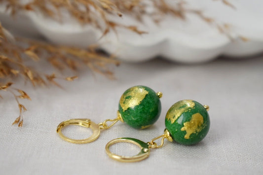 Green Jade Earrings, Gold Foil Gemstone Huggies, Jewelry Gift