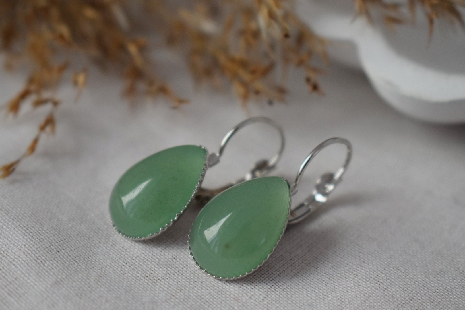 Green Aventurine Teardrop Dangle Earrings: Lever Back Gemstone Jewelry