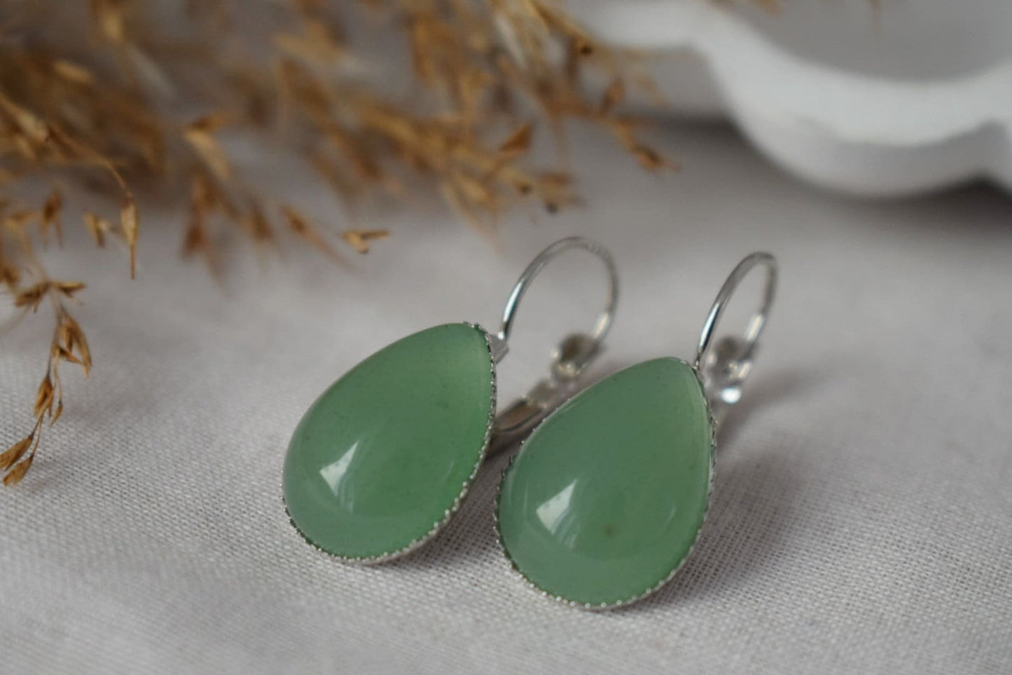 Green Aventurine Teardrop Dangle Earrings: Lever Back Gemstone Jewelry