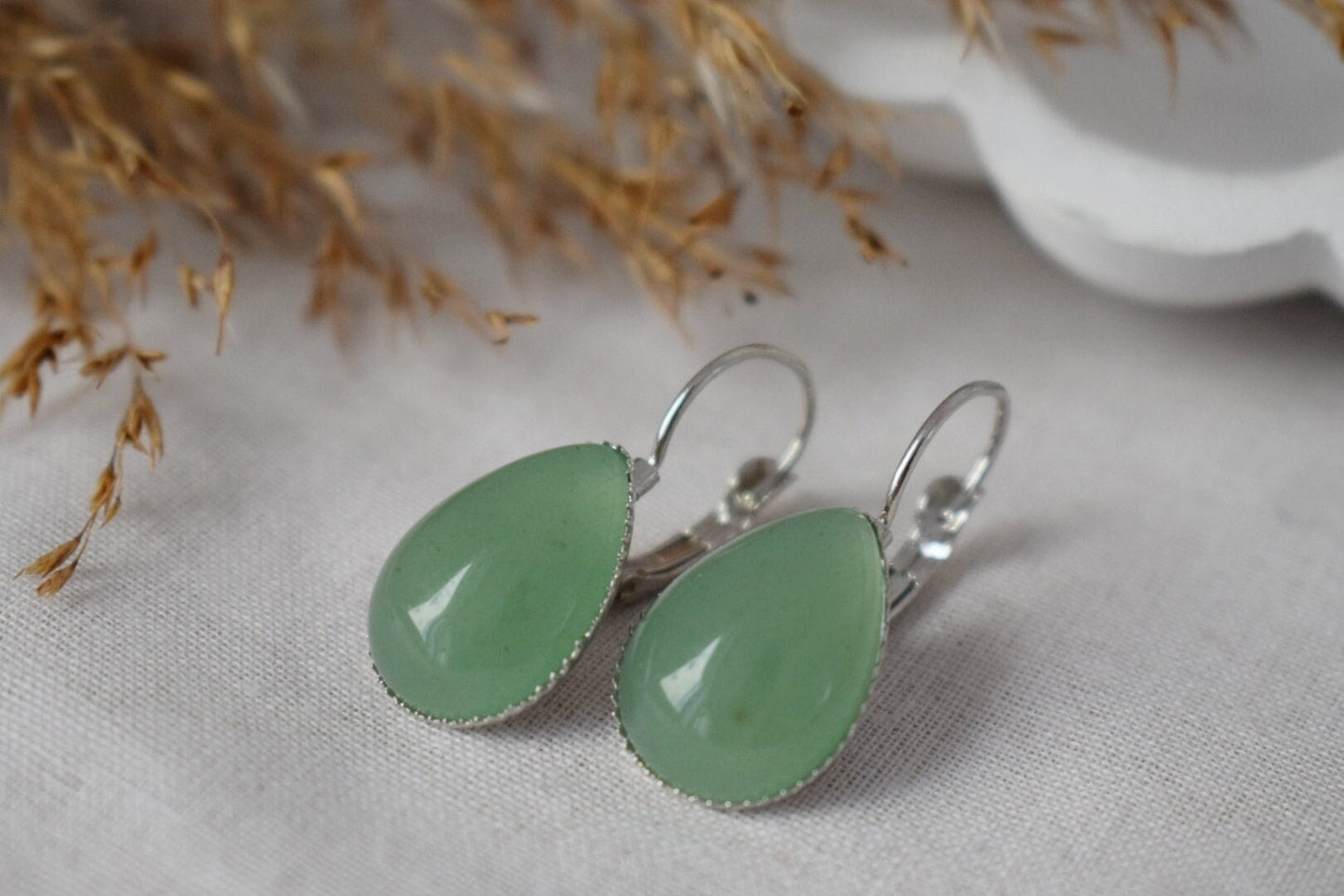 Green Aventurine Teardrop Dangle Earrings: Lever Back Gemstone Jewelry