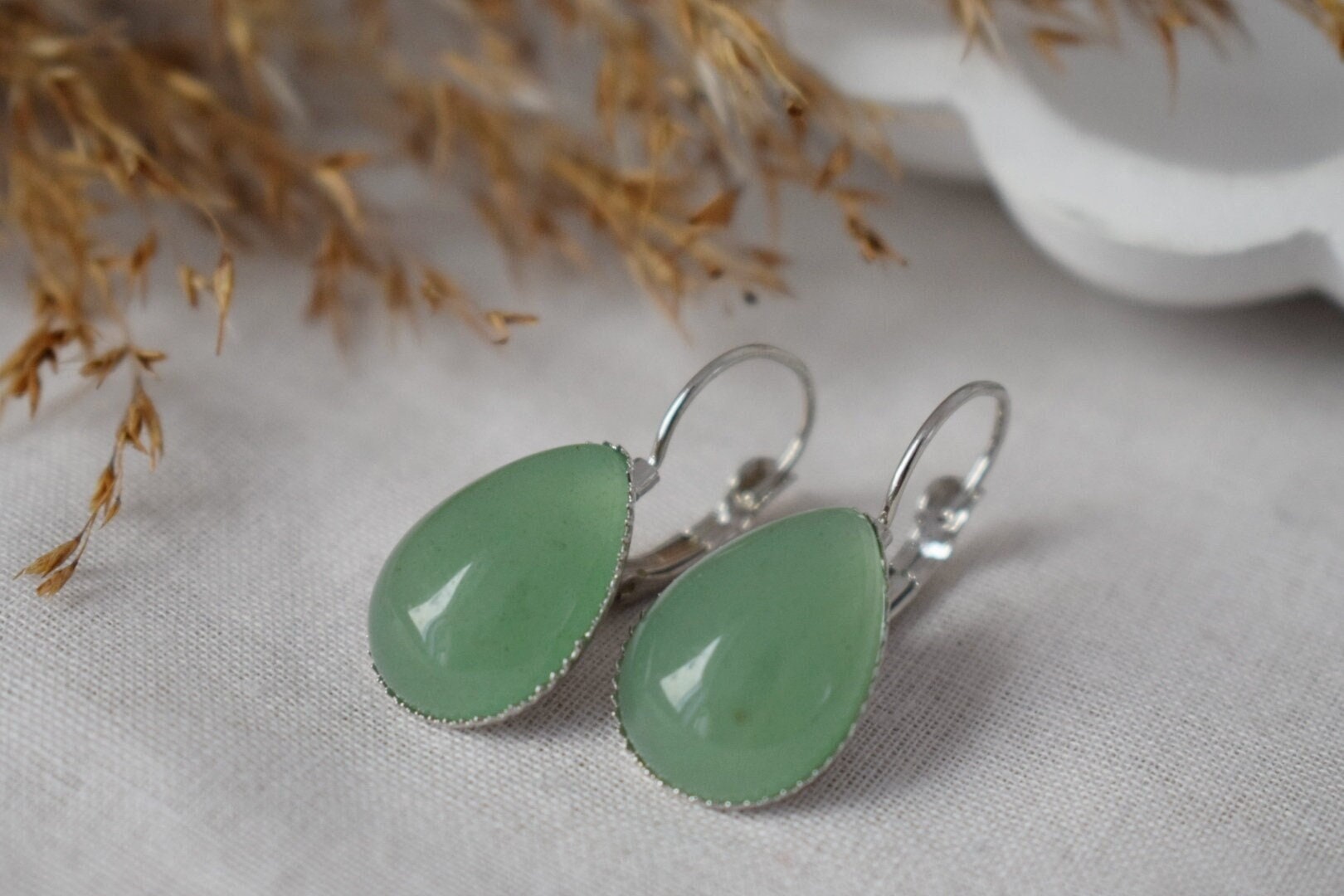 Green Aventurine Teardrop Dangle Earrings: Lever Back Gemstone Jewelry
