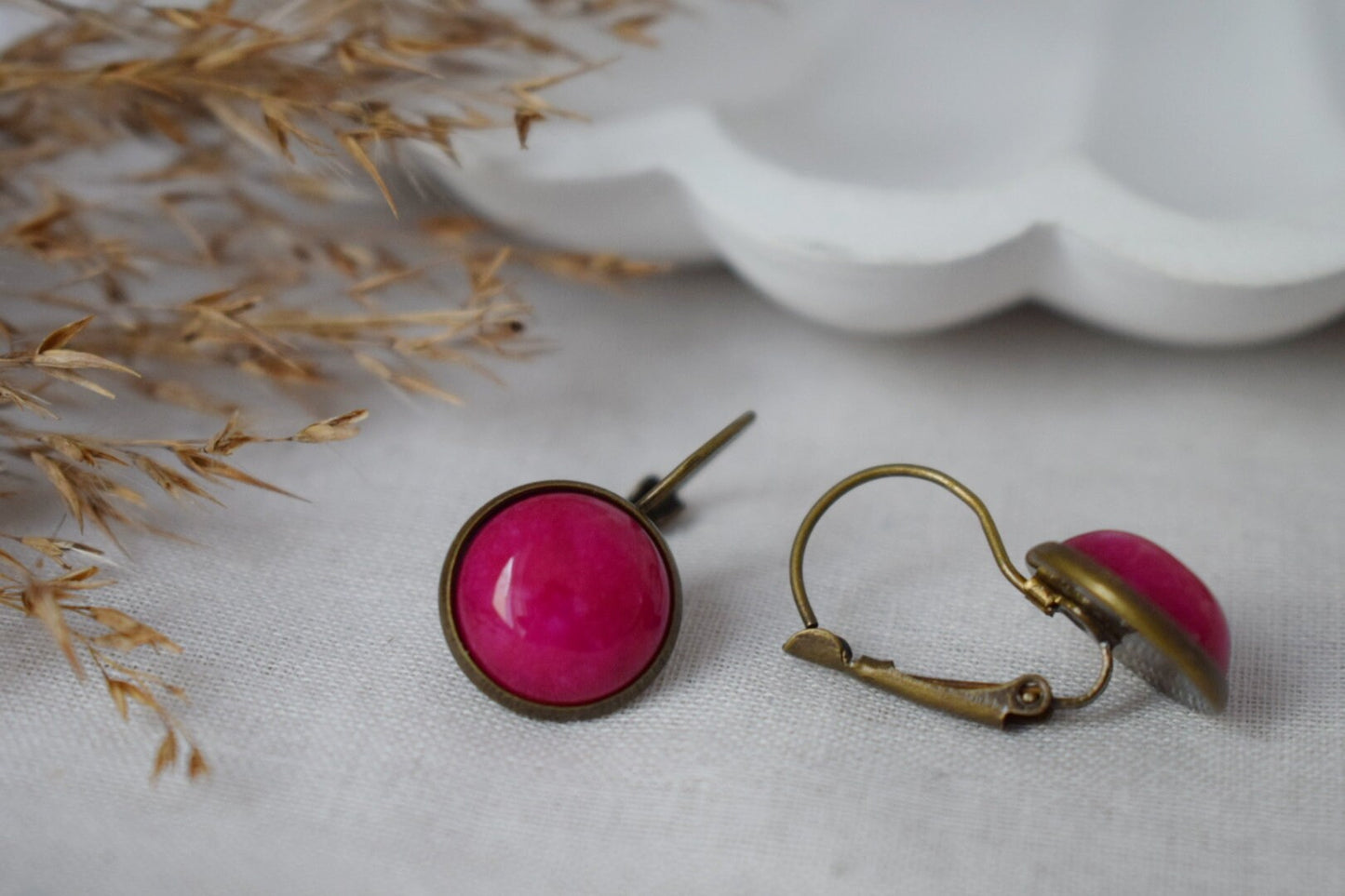 Pink Jade Dangle Earrings: Vintage Bronze Cabochon Jewelry
