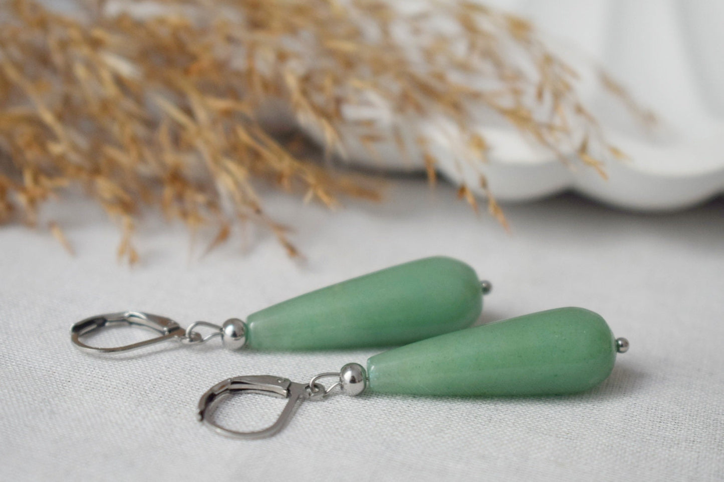 Lange Tropfen-Aventurin-Ohrringe, Grüne Edelstein-Tropfen-Creolen aus Silber, Natürlicher Aventurin-Schmuck, Bestes Weihnachtsgeschenk
