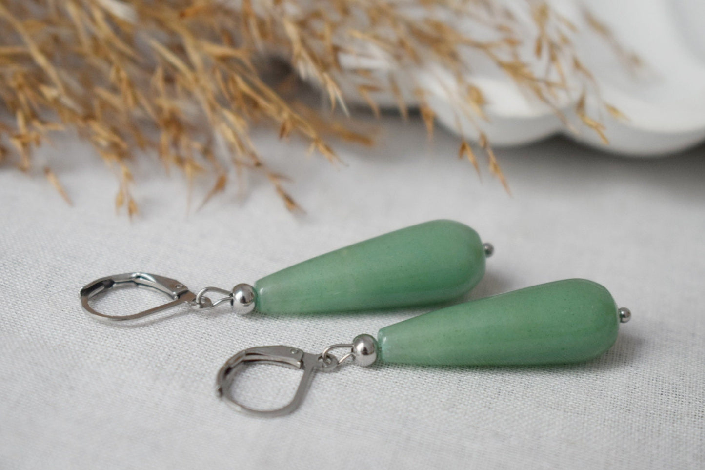 Lange Tropfen-Aventurin-Ohrringe, Grüne Edelstein-Tropfen-Creolen aus Silber, Natürlicher Aventurin-Schmuck, Bestes Weihnachtsgeschenk
