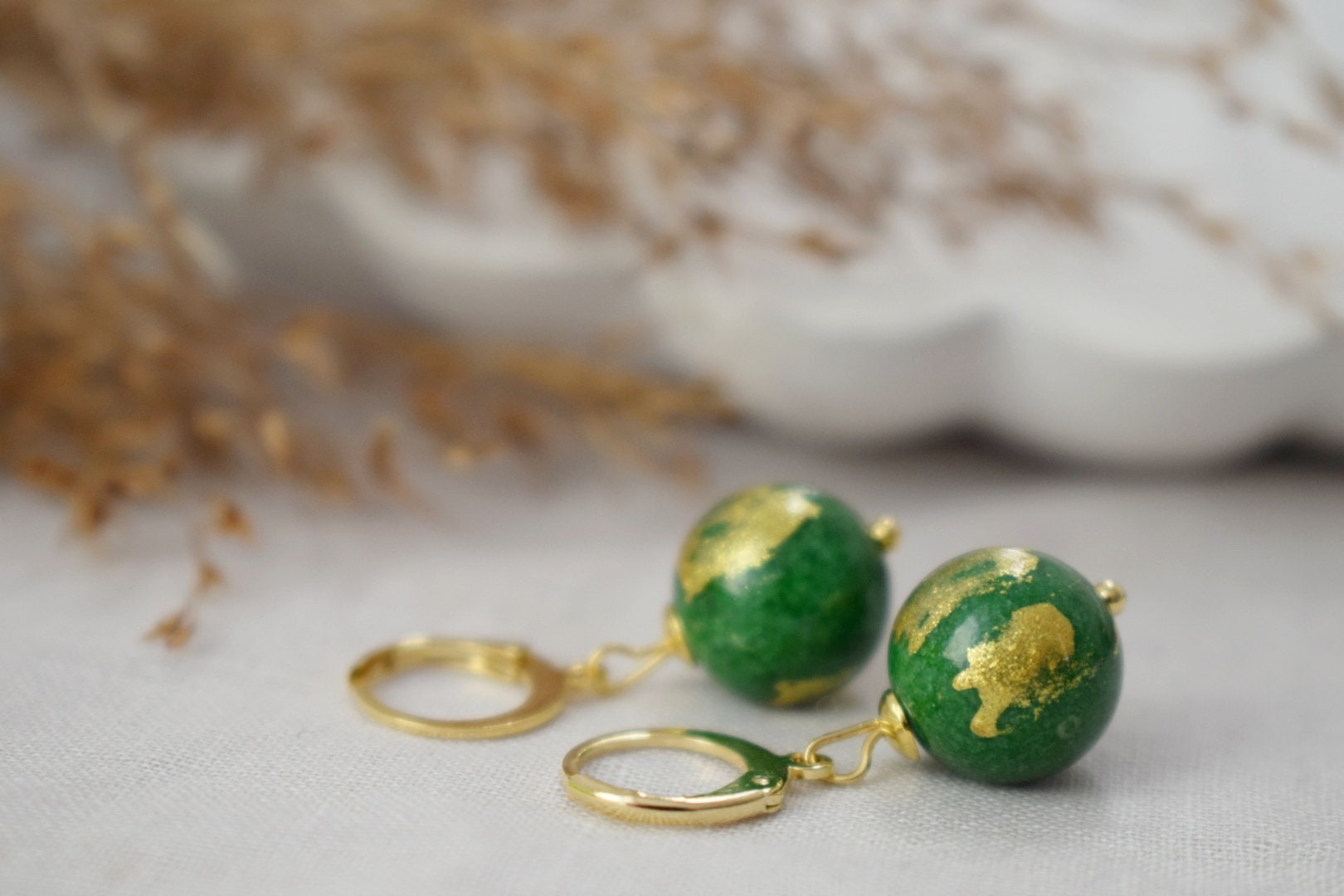 Green Jade Earrings, Gold Foil Gemstone Huggies, Jewelry Gift