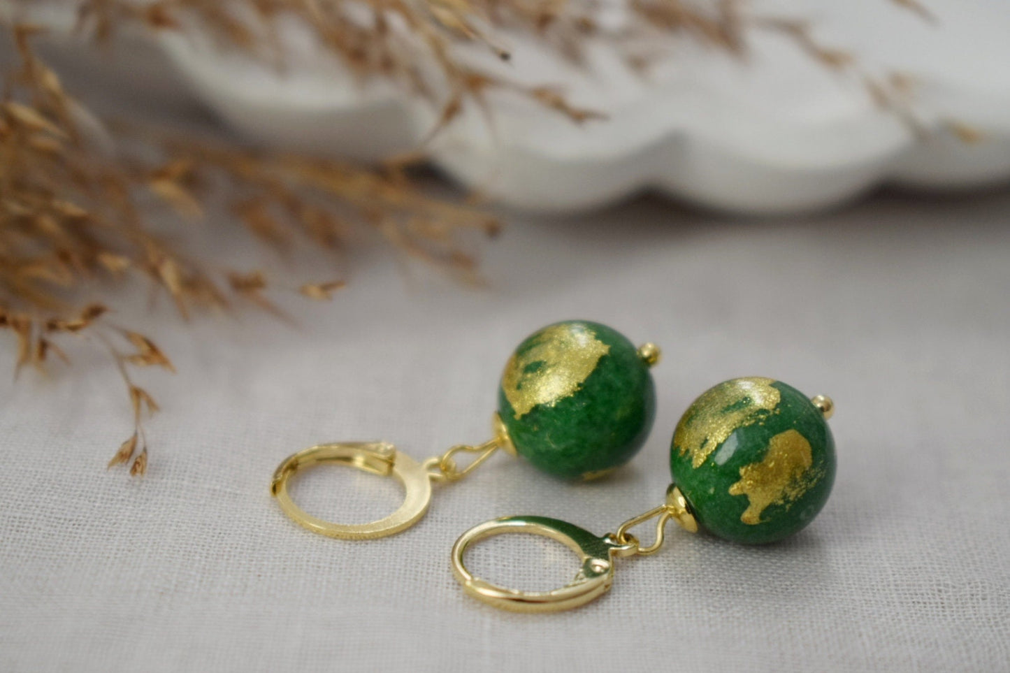 Green Jade Earrings, Gold Foil Gemstone Huggies, Jewelry Gift