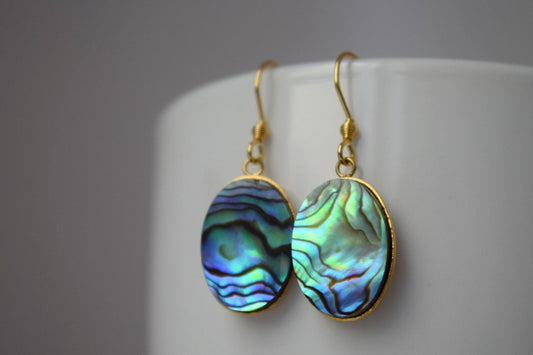 Abalone Ohrringe, Paua Muschel, Ovale Ohrringe, Bunte natürliche Abalone Ohrringe, Abalone Muschel, Abalone vergoldeter Schmuck