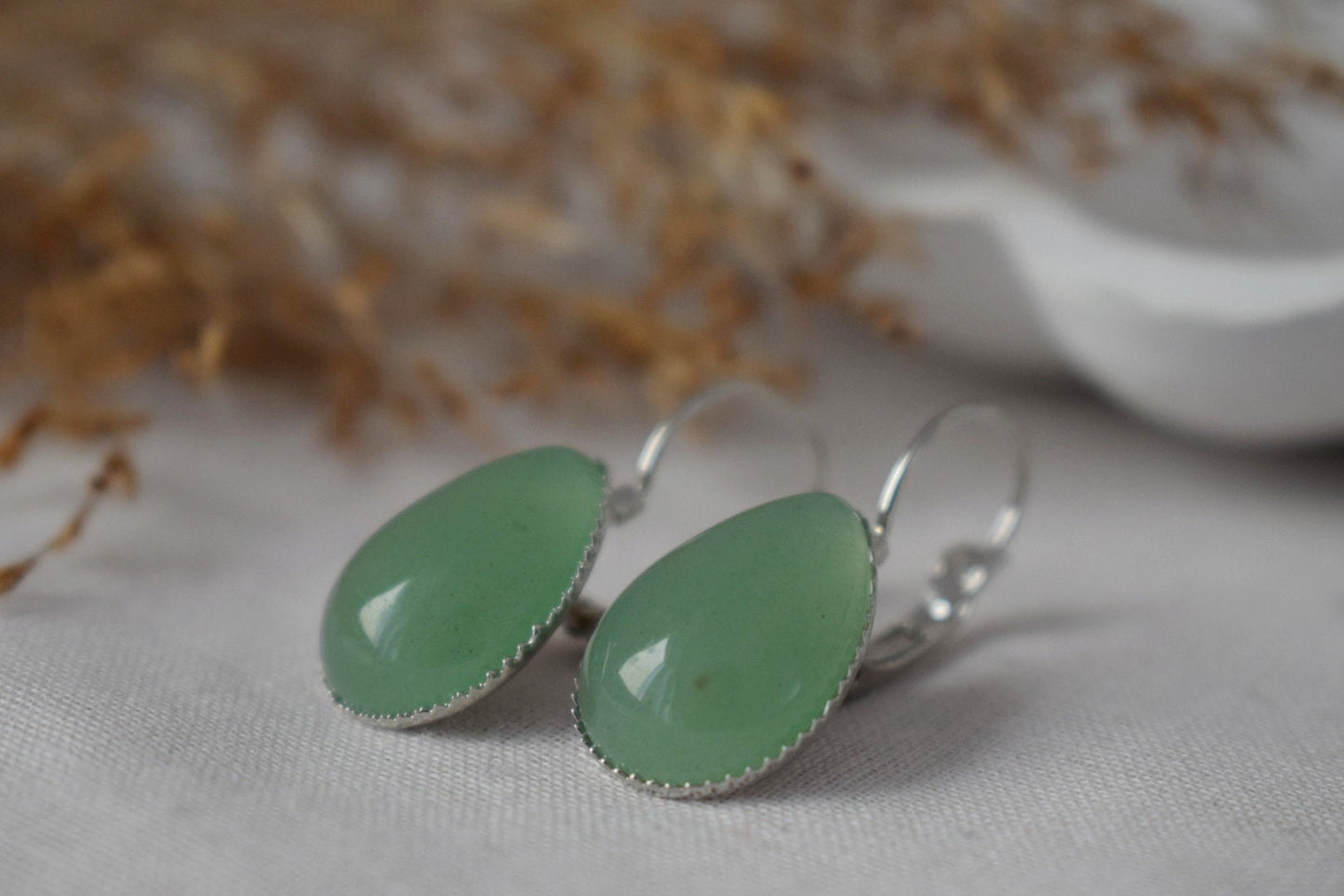 Green Aventurine Teardrop Dangle Earrings: Lever Back Gemstone Jewelry