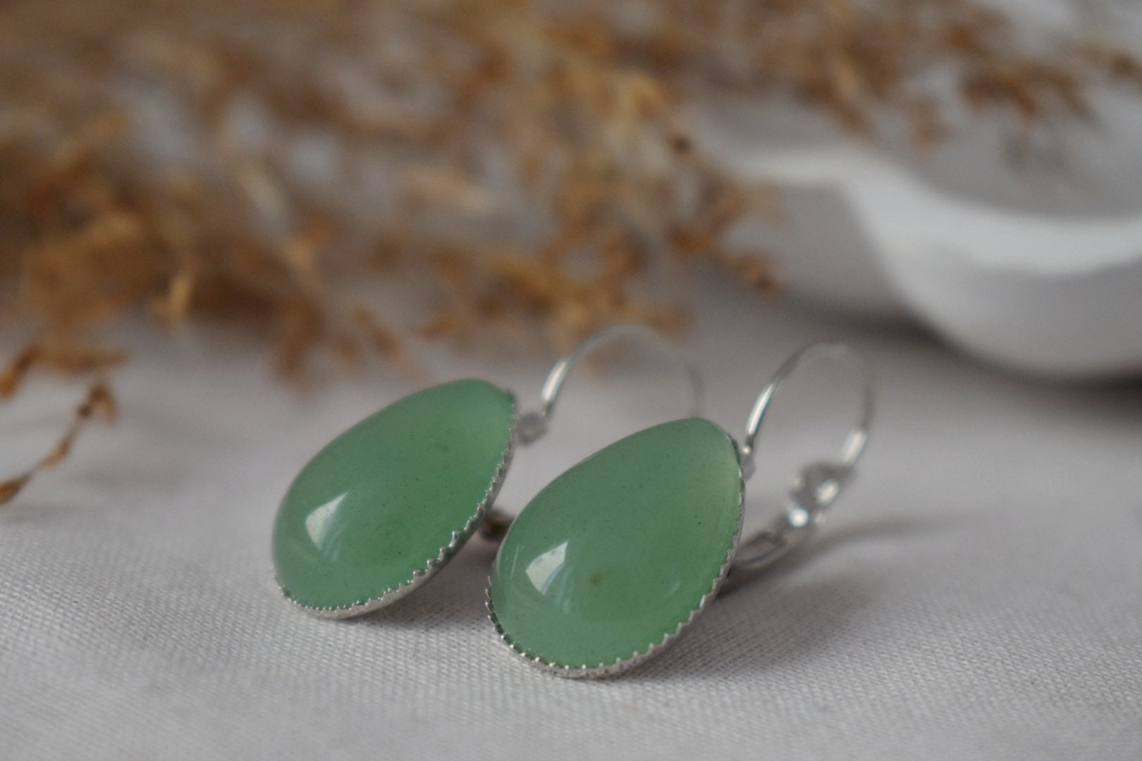 Green Aventurine Teardrop Dangle Earrings: Lever Back Gemstone Jewelry
