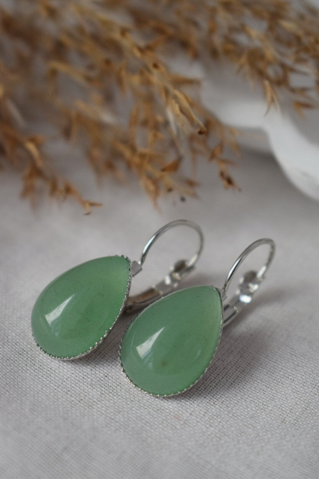 Green Aventurine Teardrop Dangle Earrings: Lever Back Gemstone Jewelry