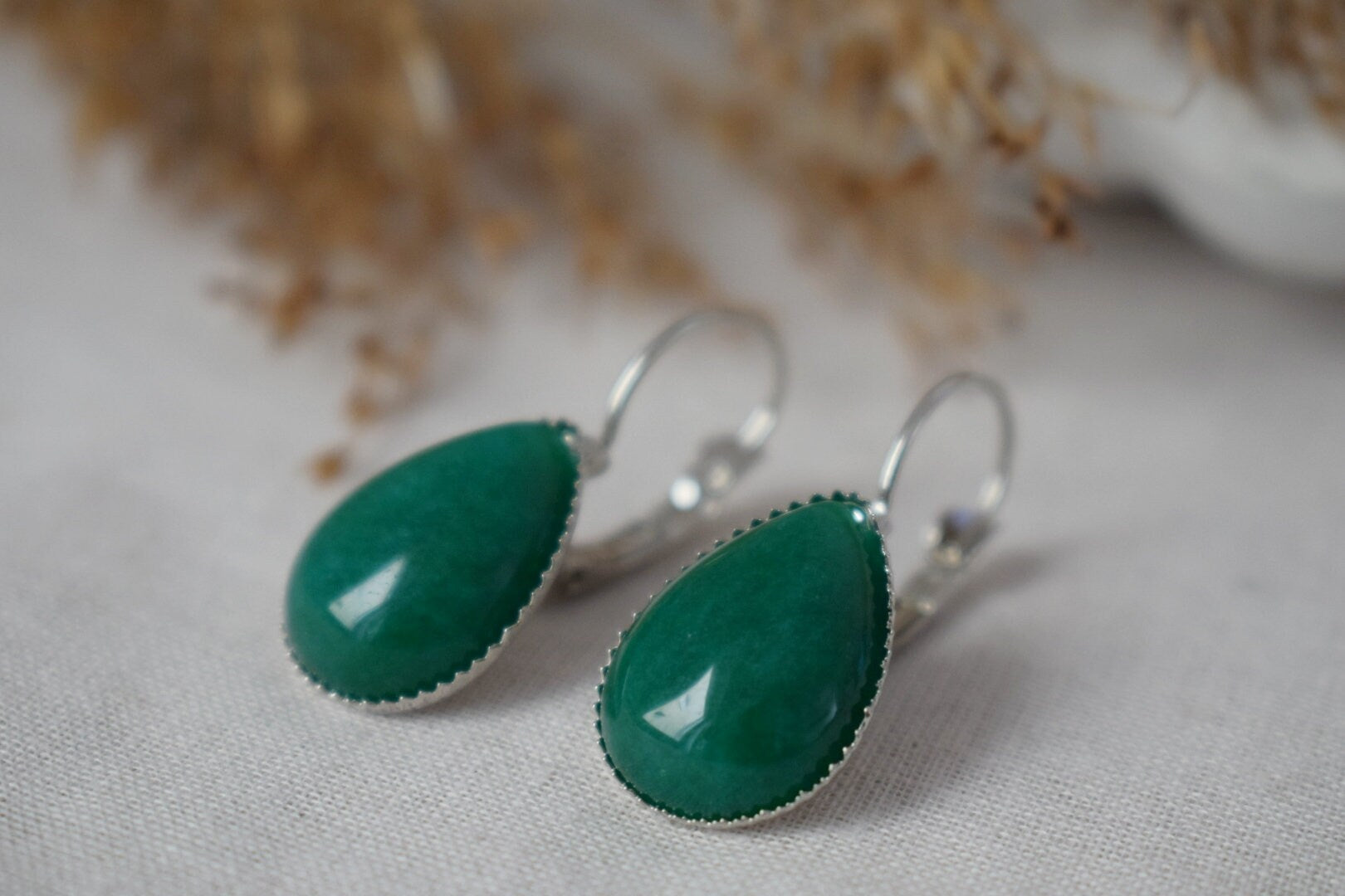 Green jade teardrop earrings, Gemstone jewelry, Gift for her