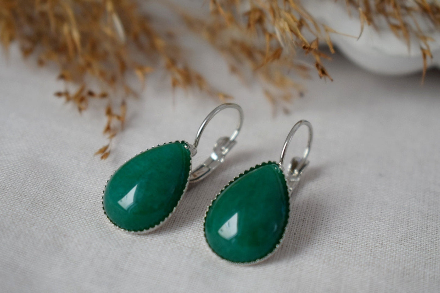 Green jade teardrop earrings, Gemstone jewelry, Gift for her