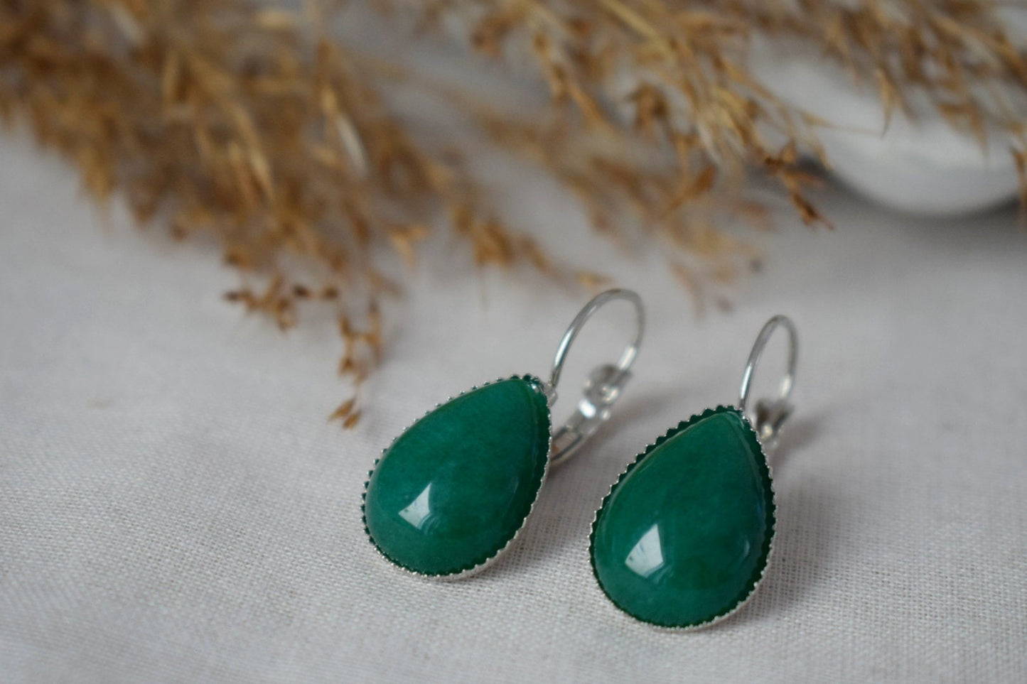 Green jade teardrop earrings, Gemstone jewelry, Gift for her