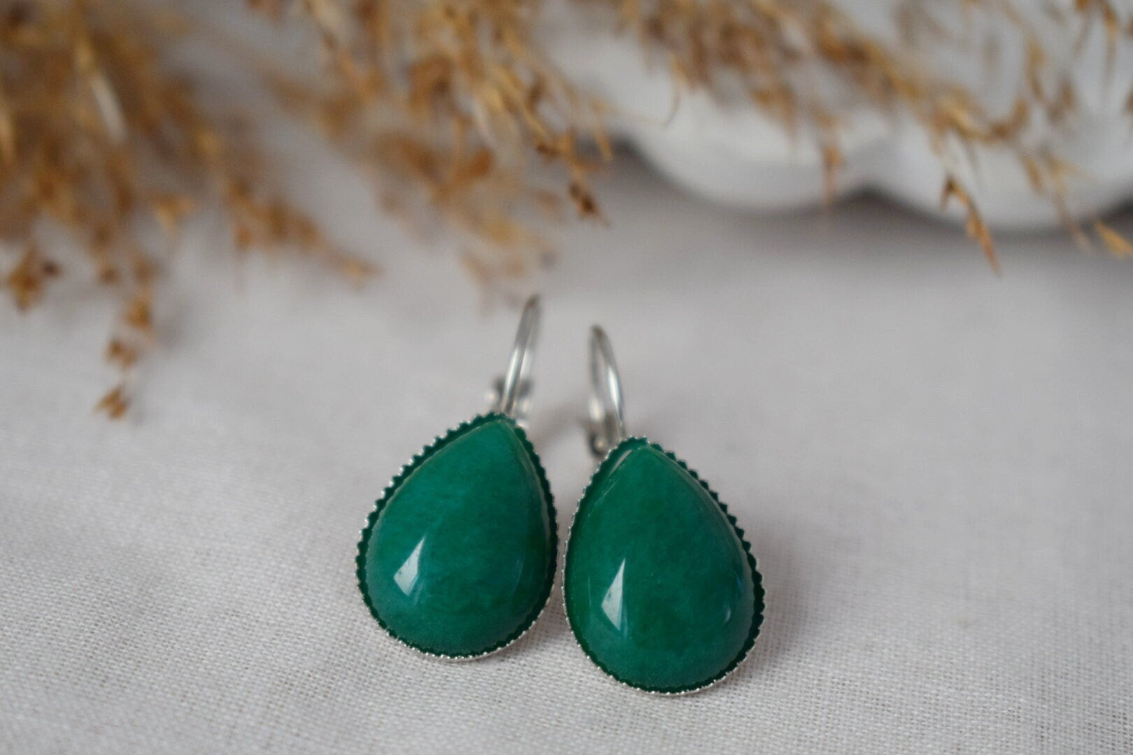 Green jade teardrop earrings, Gemstone jewelry, Gift for her