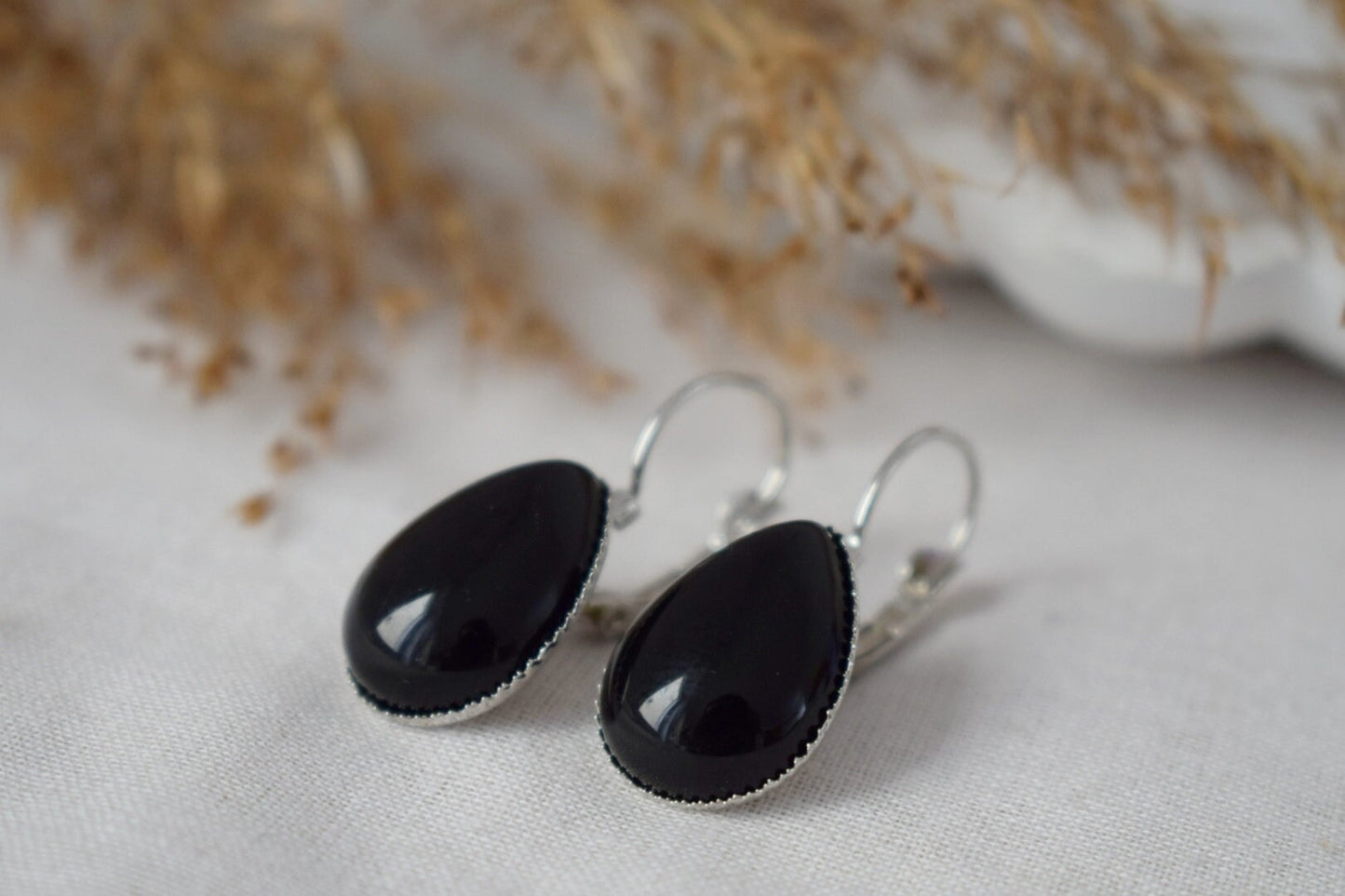 Black Agate Teardrop Earrings: Gemstone Dangle Jewelry