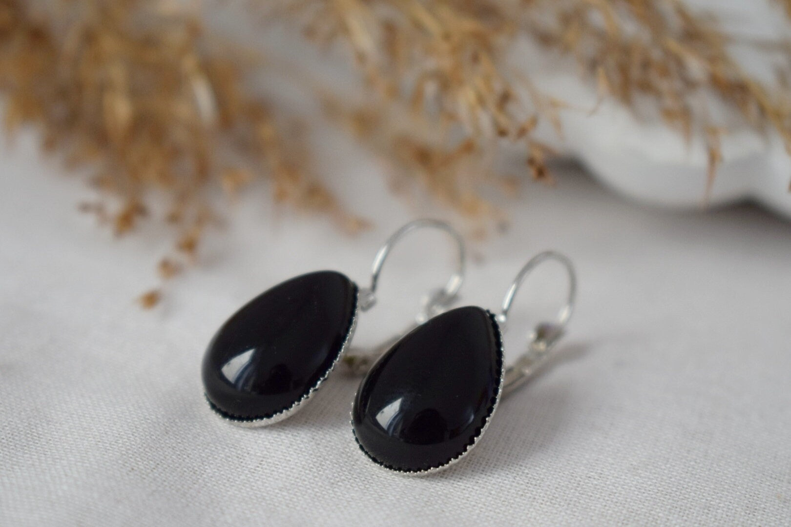 Black Agate Teardrop Earrings: Gemstone Dangle Jewelry
