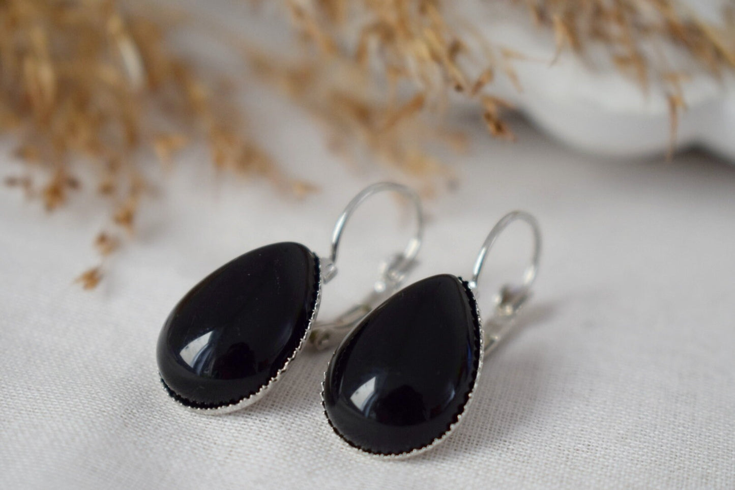 Black Agate Teardrop Earrings: Gemstone Dangle Jewelry