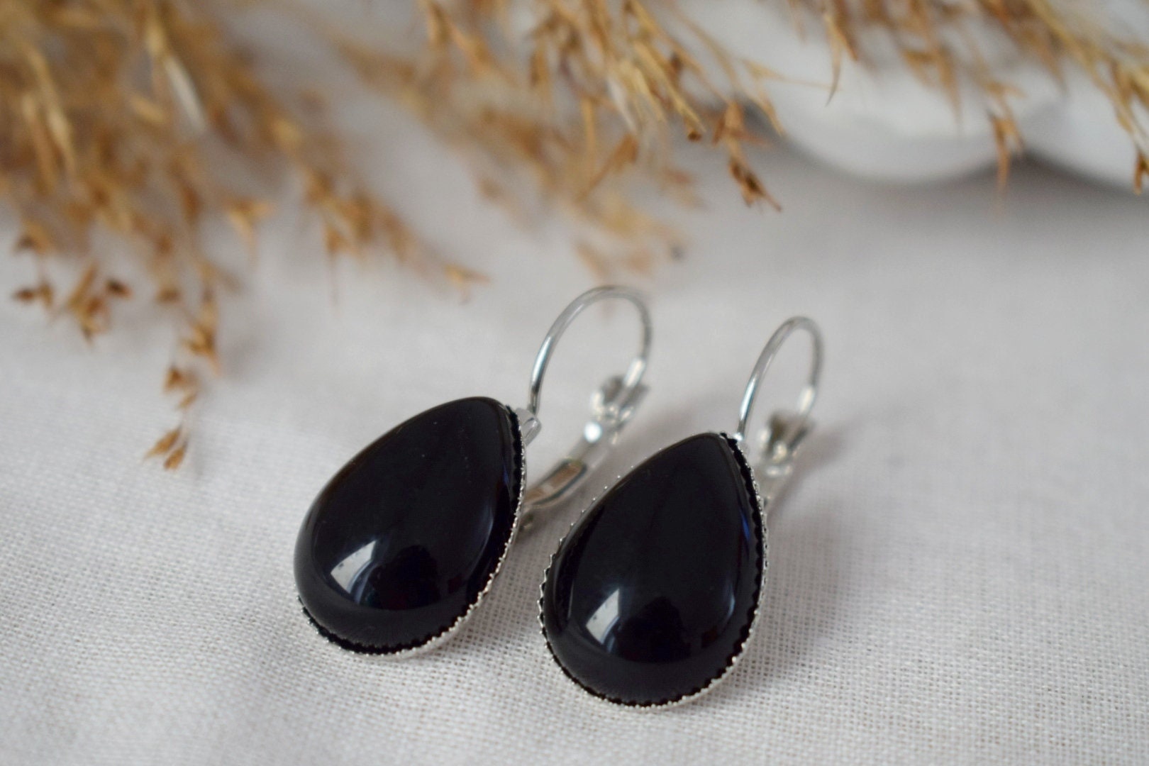 Black Agate Teardrop Earrings: Gemstone Dangle Jewelry