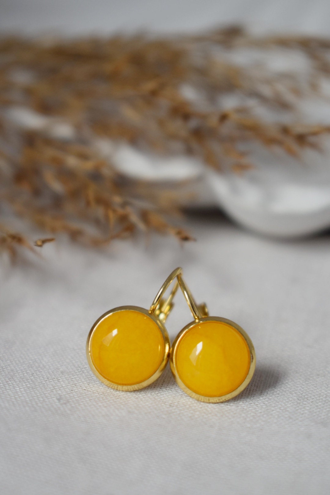 Yellow Jade Drop Earrings: 18k Gold Plated Lever Back Earrings