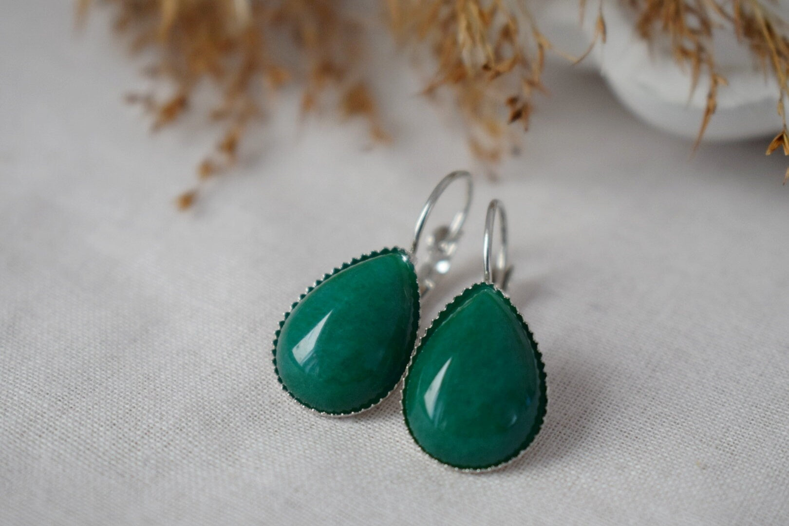 Green jade teardrop earrings, Gemstone jewelry, Gift for her