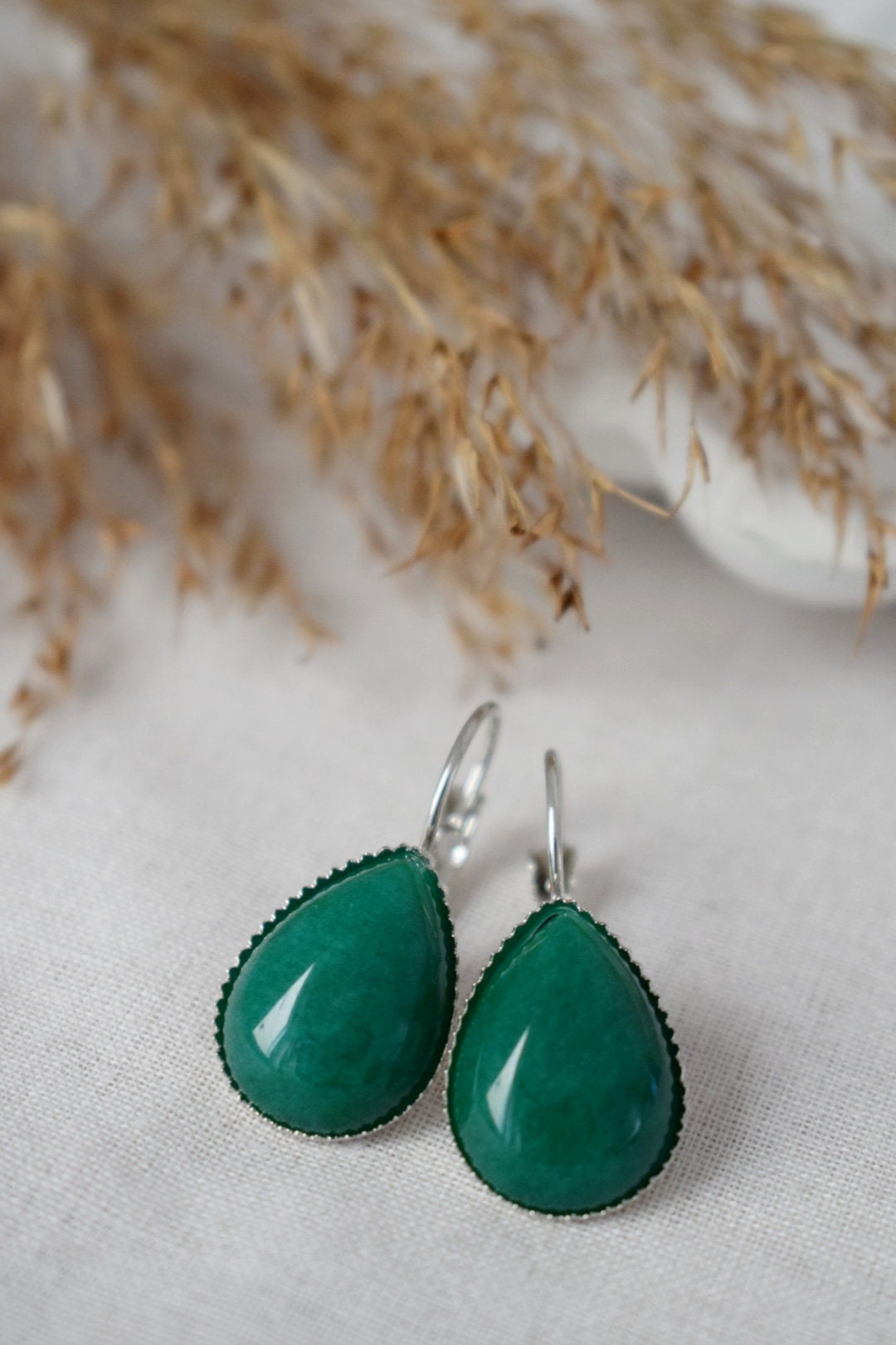 Green jade teardrop earrings, Gemstone jewelry, Gift for her