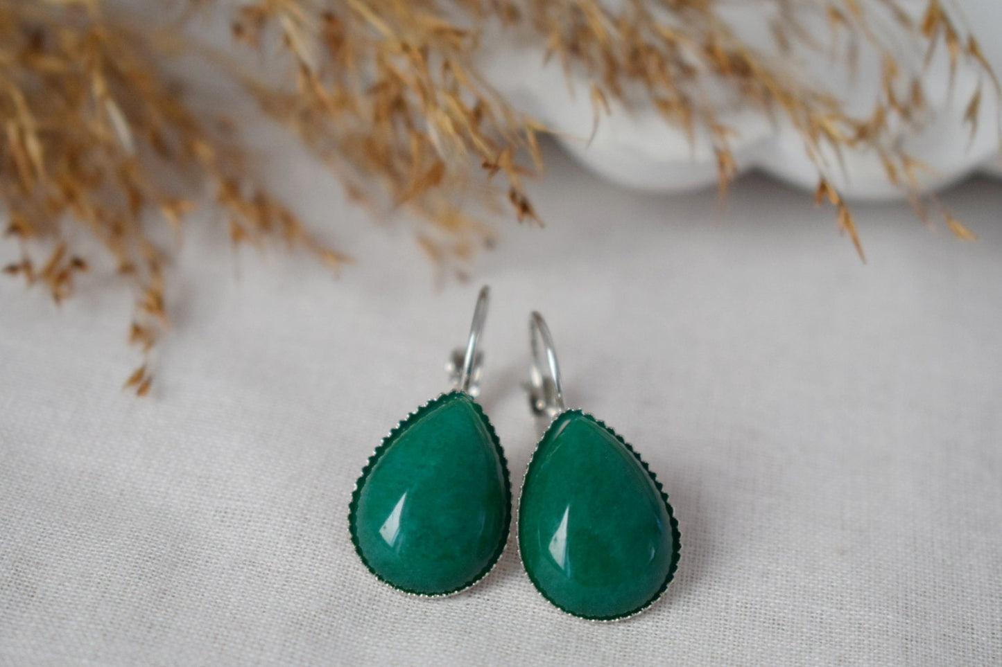 Green jade teardrop earrings, Gemstone jewelry, Gift for her