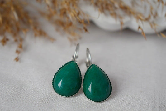Green jade teardrop earrings, Gemstone jewelry, Gift for her