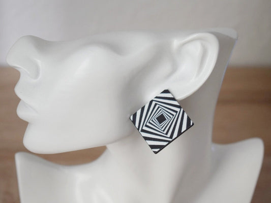 Rautenohrringe, Große quadratische Ohrstecker, Schwarz weiß, Streifenmuster Ohrstecker mit 925 Sterling Silber Ohrstecker, Schmuckgeschenk für Sie