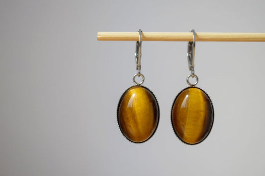 Tigerauge Creolen, Ovaler Edelstein-Anhänger, Goldbraune Stein-Ohrhänger, Chakra-Schmuck für Frauen, Weihnachtsgeschenk