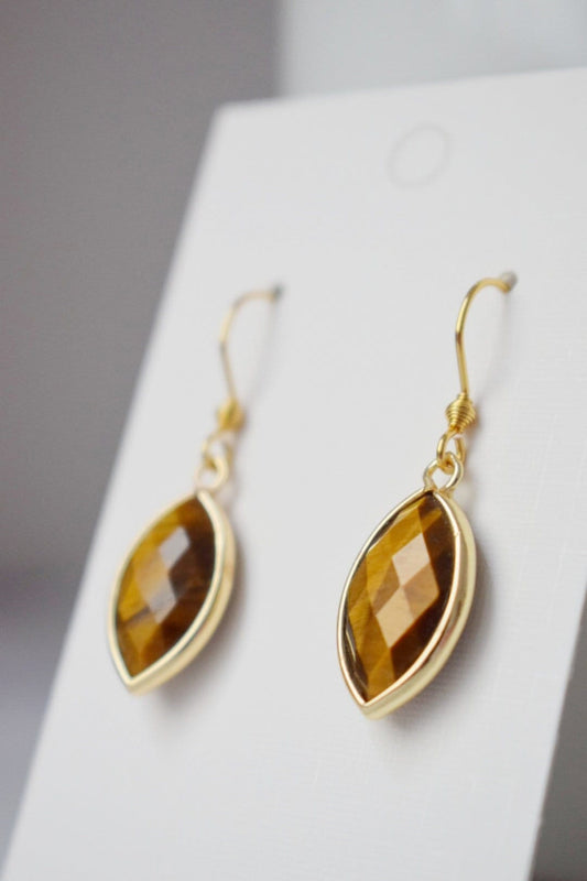 Tigerauge-Ohrringe, facettierte Edelstein-Ohrringe, Pferdeauge, goldbraune Farbe, Stein-Ohrhänger, Chakra, Tigerauge-Schmuck