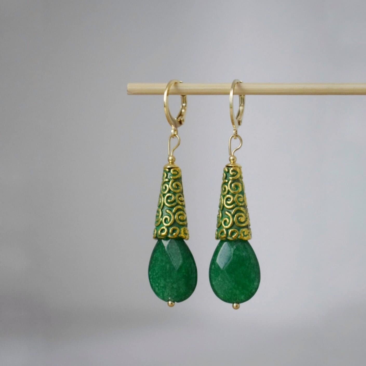 Green jade earrings gold, Teardrop dangling earrings, Green faceted gemstone drop huggies, Stone hoops, Green jade jewelry, Gift for her