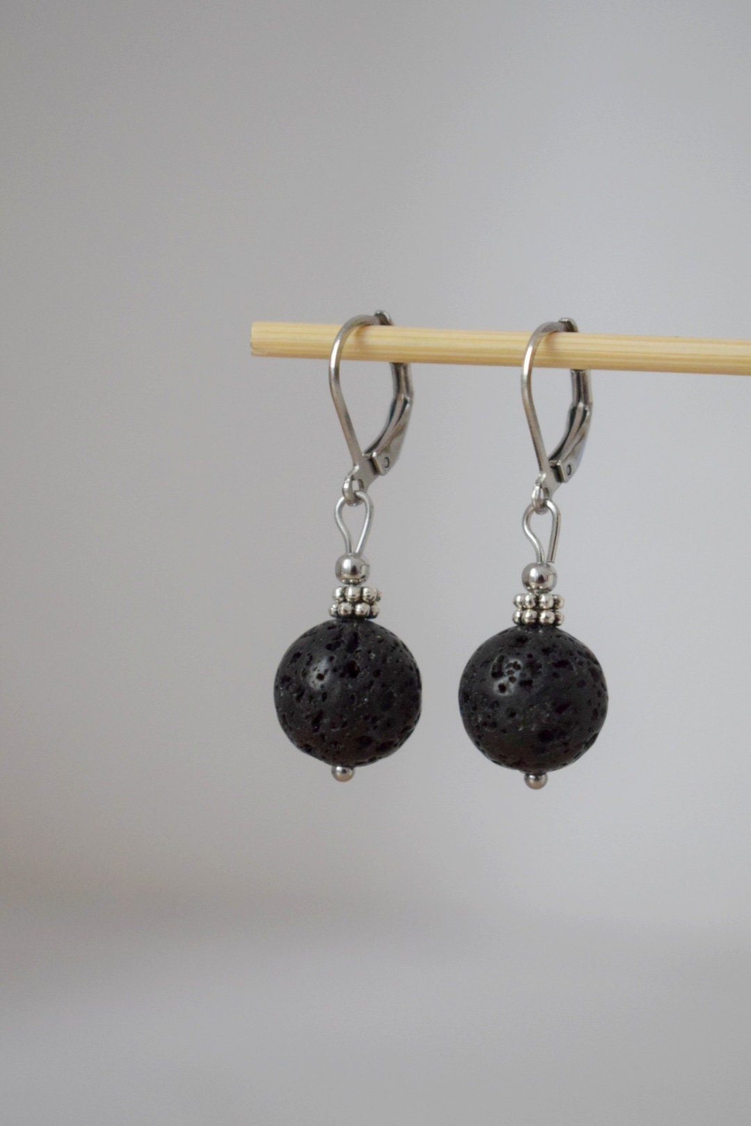 Lava stone bead earrings, Black gemstone huggie hoops, Lava rock, Diffuser Jewelry, Lever back, Stainless steel, Essential oil, Gift for her