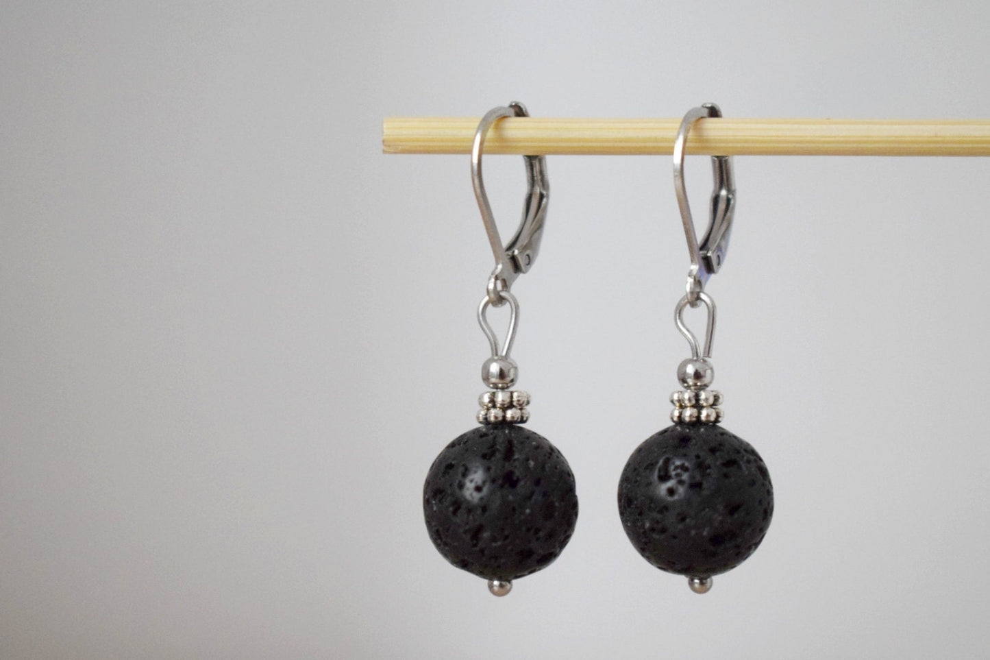 Lava stone bead earrings, Black gemstone huggie hoops, Lava rock, Diffuser Jewelry, Lever back, Stainless steel, Essential oil, Gift for her