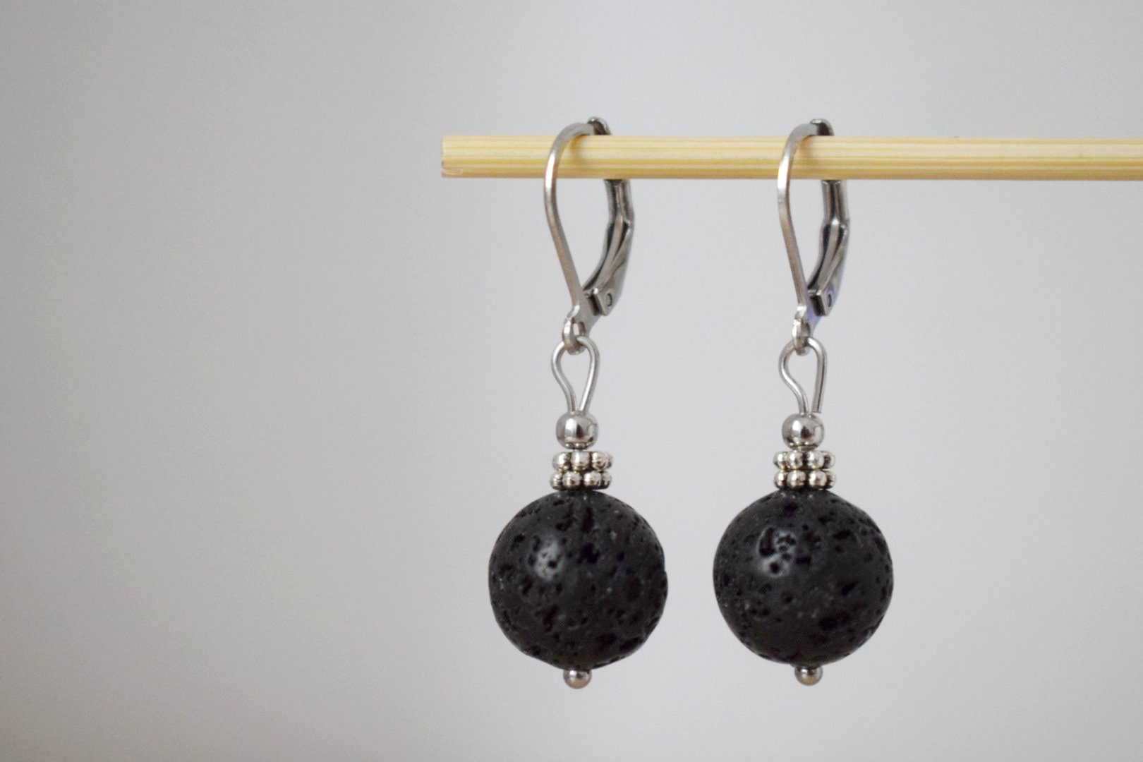 Lava stone bead earrings, Black gemstone huggie hoops, Lava rock, Diffuser Jewelry, Lever back, Stainless steel, Essential oil, Gift for her