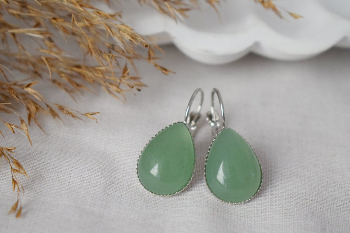 Green Aventurine Teardrop Dangle Earrings: Lever Back Gemstone Jewelry
