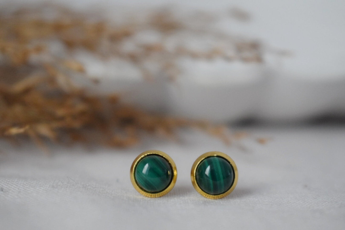 Mini Malachite Stud Earrings: Natural stone, 18k Gold Plated, Green Gemstone Jewelry