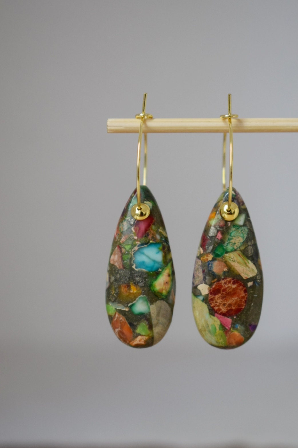 Imperial Jasper Hoop Earrings: 18k Gold Plated, Sea Sediment Gemstone Jewelry, Gift for her