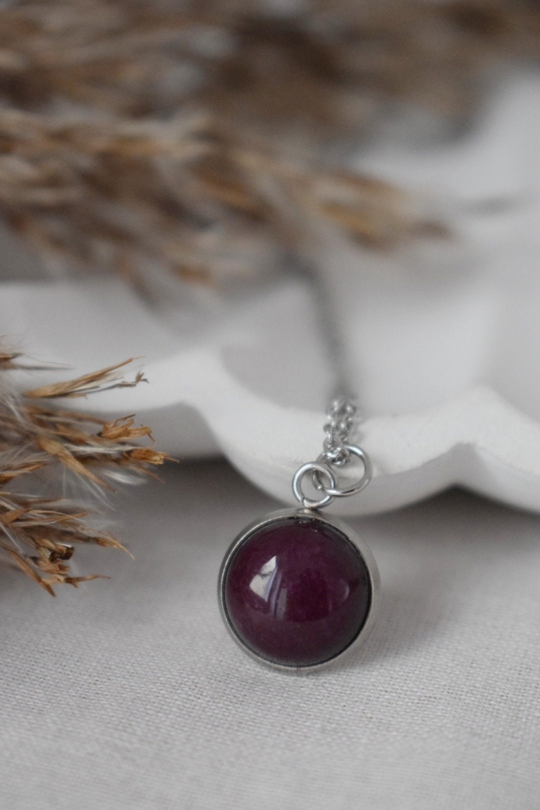 Red jade necklace, Wine red Gemstone, 18k Gold Plated Stainless Steel jewelry