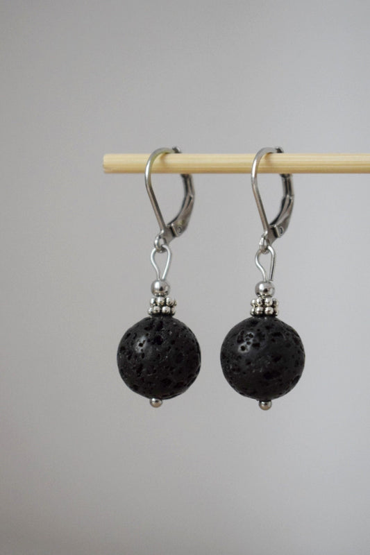 Lava stone bead earrings, Black gemstone huggie hoops, Lava rock, Diffuser Jewelry, Lever back, Stainless steel, Essential oil, Gift for her