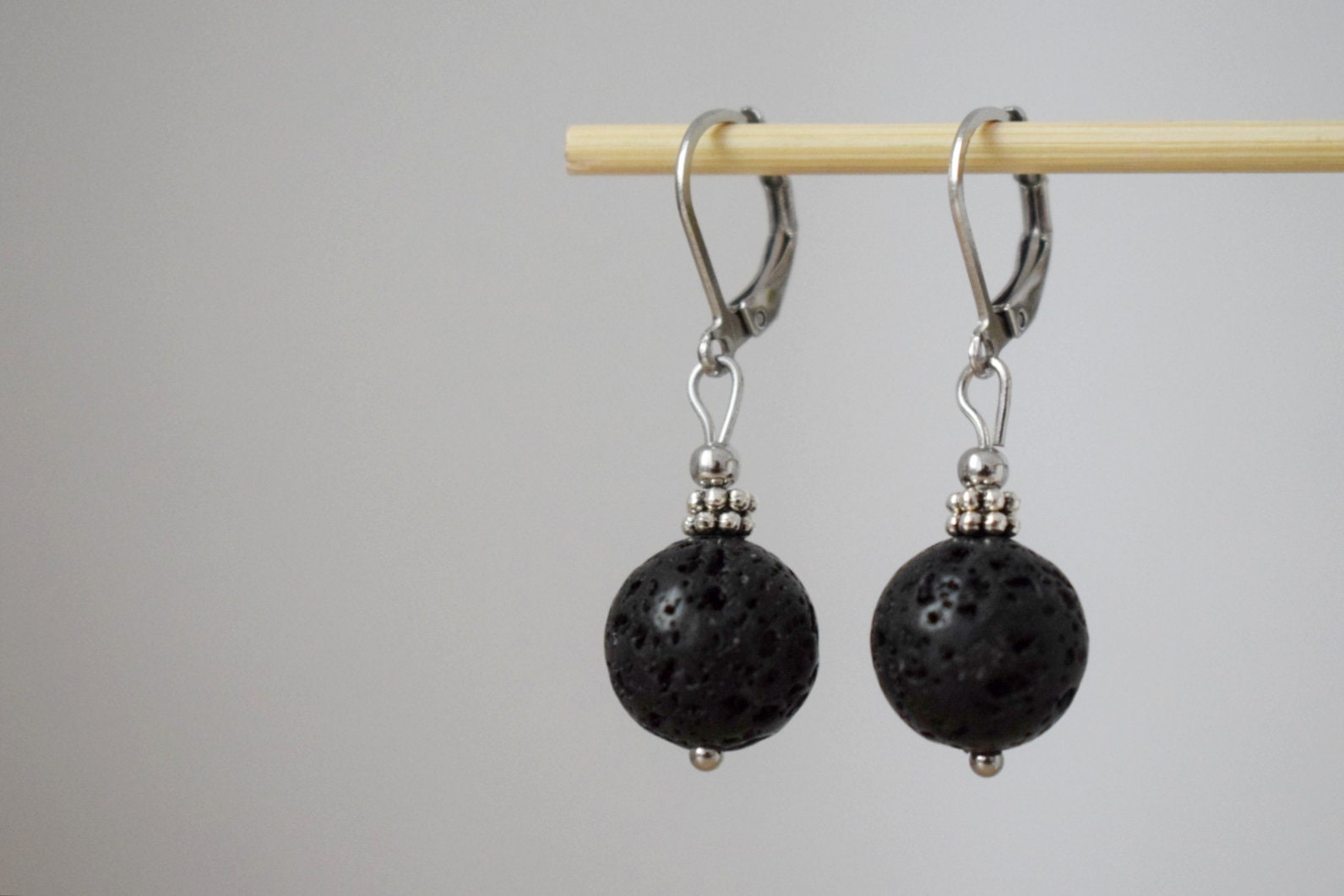 Lava stone bead earrings, Black gemstone huggie hoops, Lava rock, Diffuser Jewelry, Lever back, Stainless steel, Essential oil, Gift for her