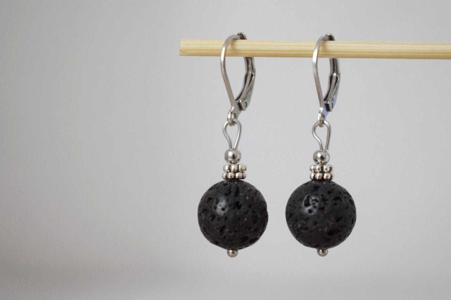 Lava stone bead earrings, Black gemstone huggie hoops, Lava rock, Diffuser Jewelry, Lever back, Stainless steel, Essential oil, Gift for her